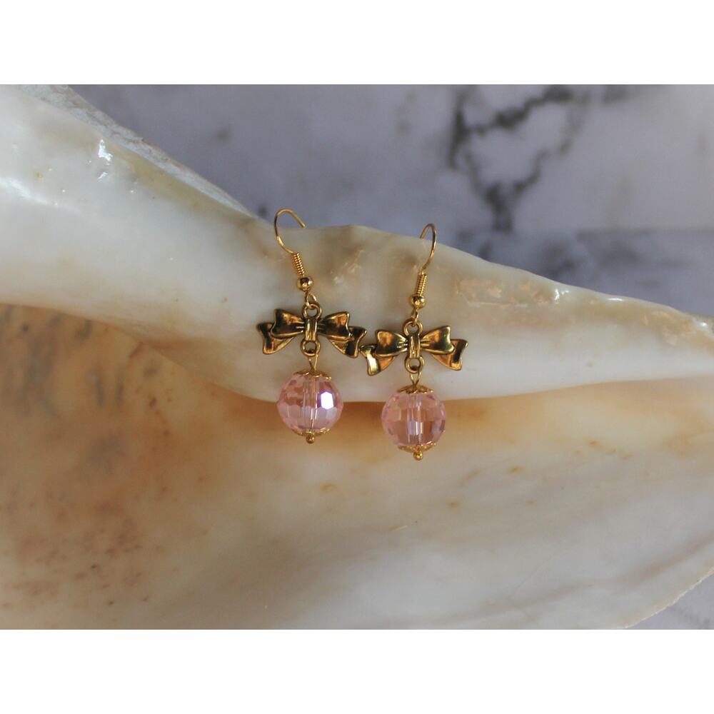 Handmade Pink Faceted Glass Sphere Gold Earrings with Dainty Bows